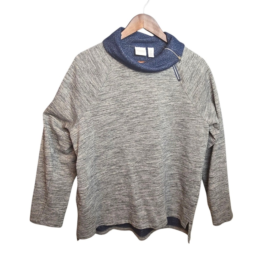 Weekends by Chico's Gray Heathered Funnel Neck Pullover Top Side Zipper Size 2‎